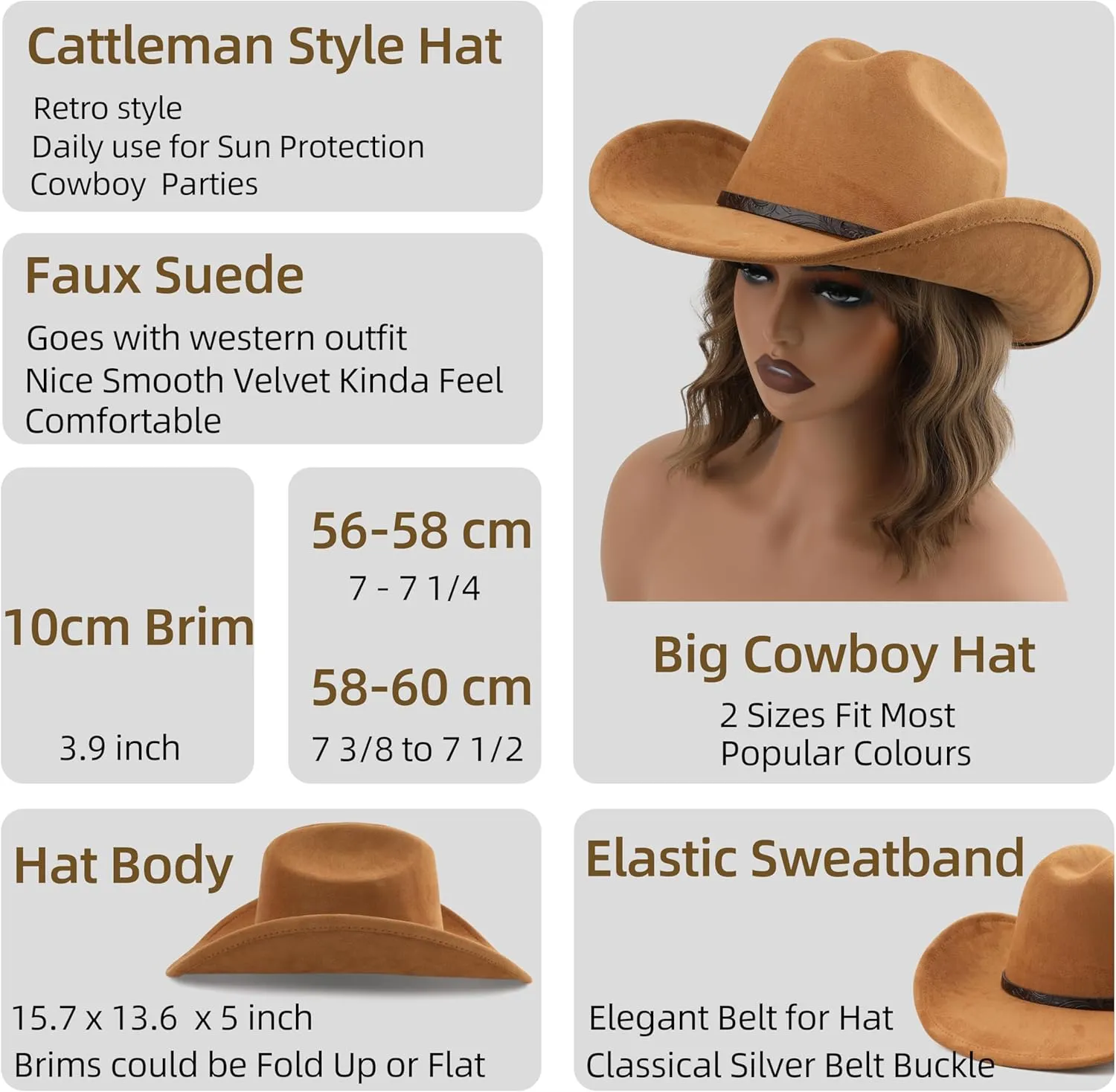 Big Cowboy Hat for Women Men Wide Brim Cowgirls Beach Cattleman Western Cowboys Hat