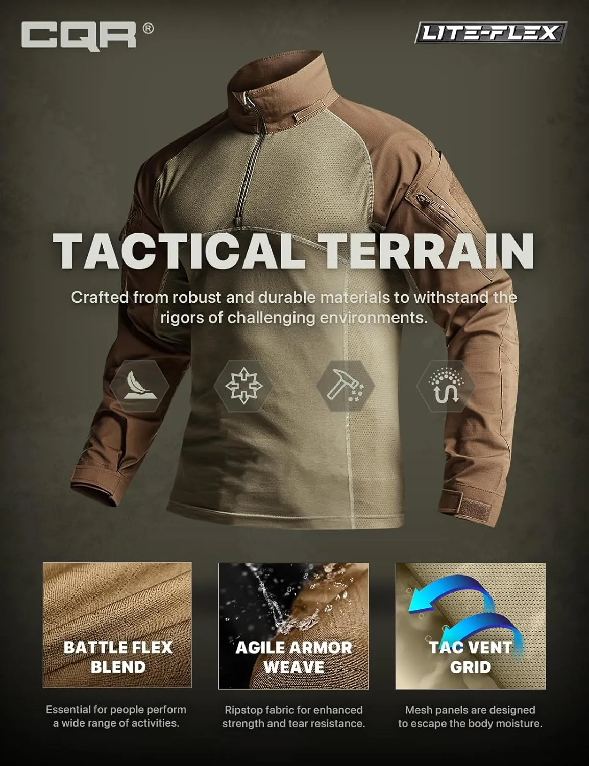 CQR Men's Combat Shirt Tactical 1/4 Zip Long Sleeve Military BDU Shirts Camo EDC Top with Pockets
