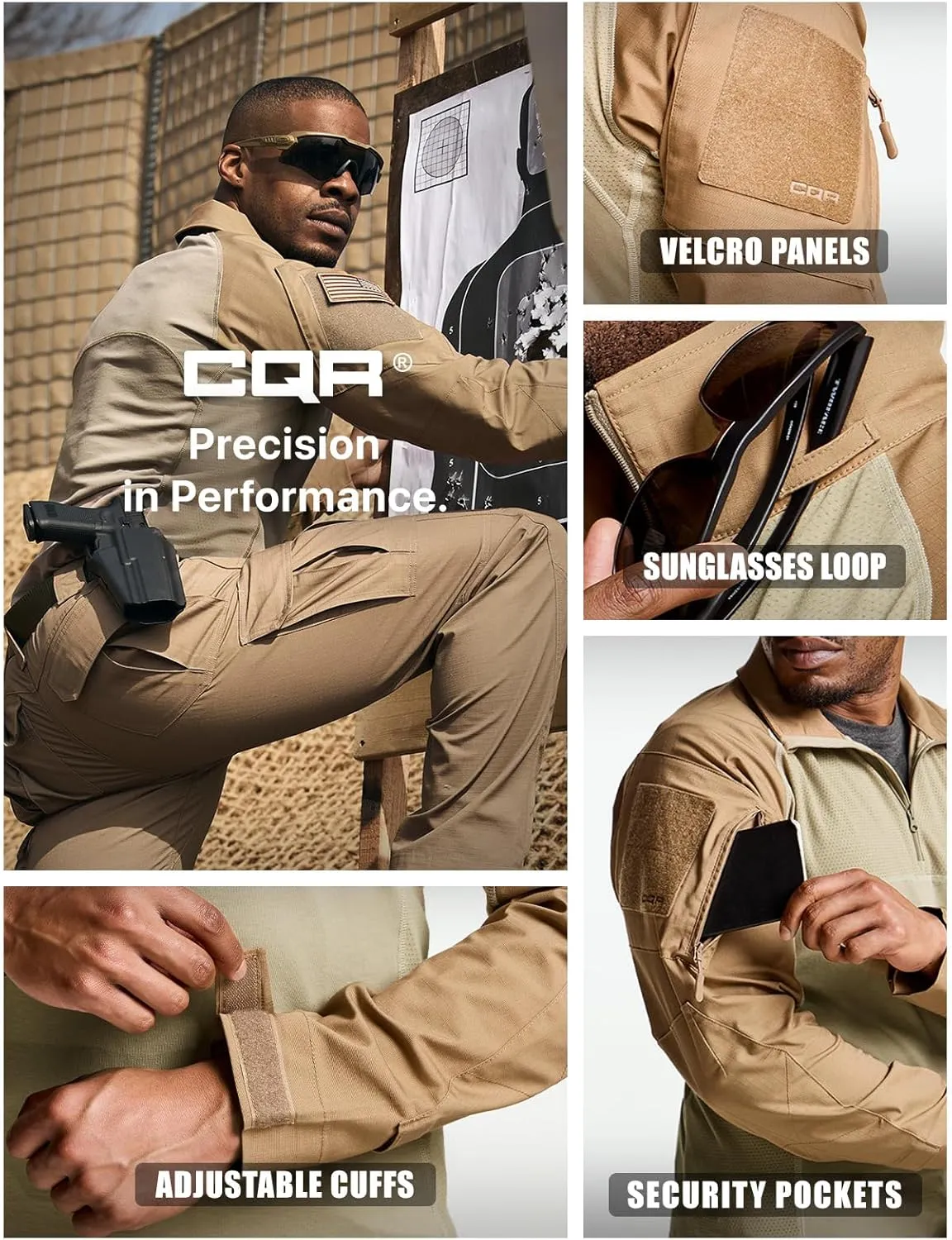 CQR Men's Combat Shirt Tactical 1/4 Zip Long Sleeve Military BDU Shirts Camo EDC Top with Pockets