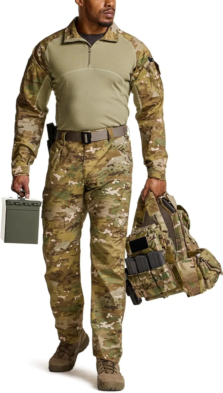 CQR Men's Combat Shirt Tactical 1/4 Zip Long Sleeve Military BDU Shirts Camo EDC Top with Pockets