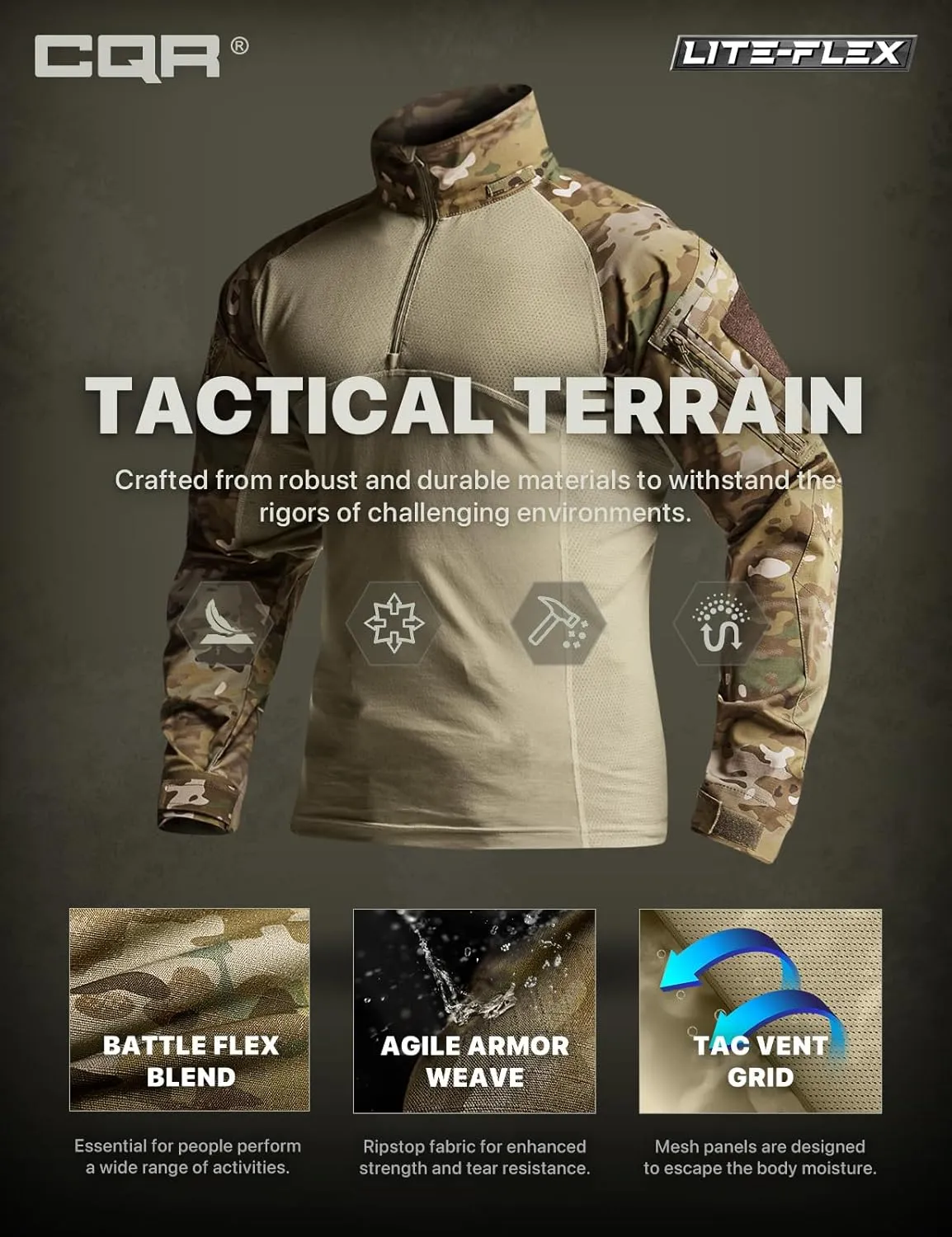 CQR Men's Combat Shirt Tactical 1/4 Zip Long Sleeve Military BDU Shirts Camo EDC Top with Pockets