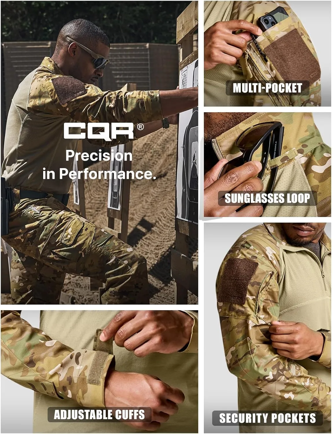 CQR Men's Combat Shirt Tactical 1/4 Zip Long Sleeve Military BDU Shirts Camo EDC Top with Pockets