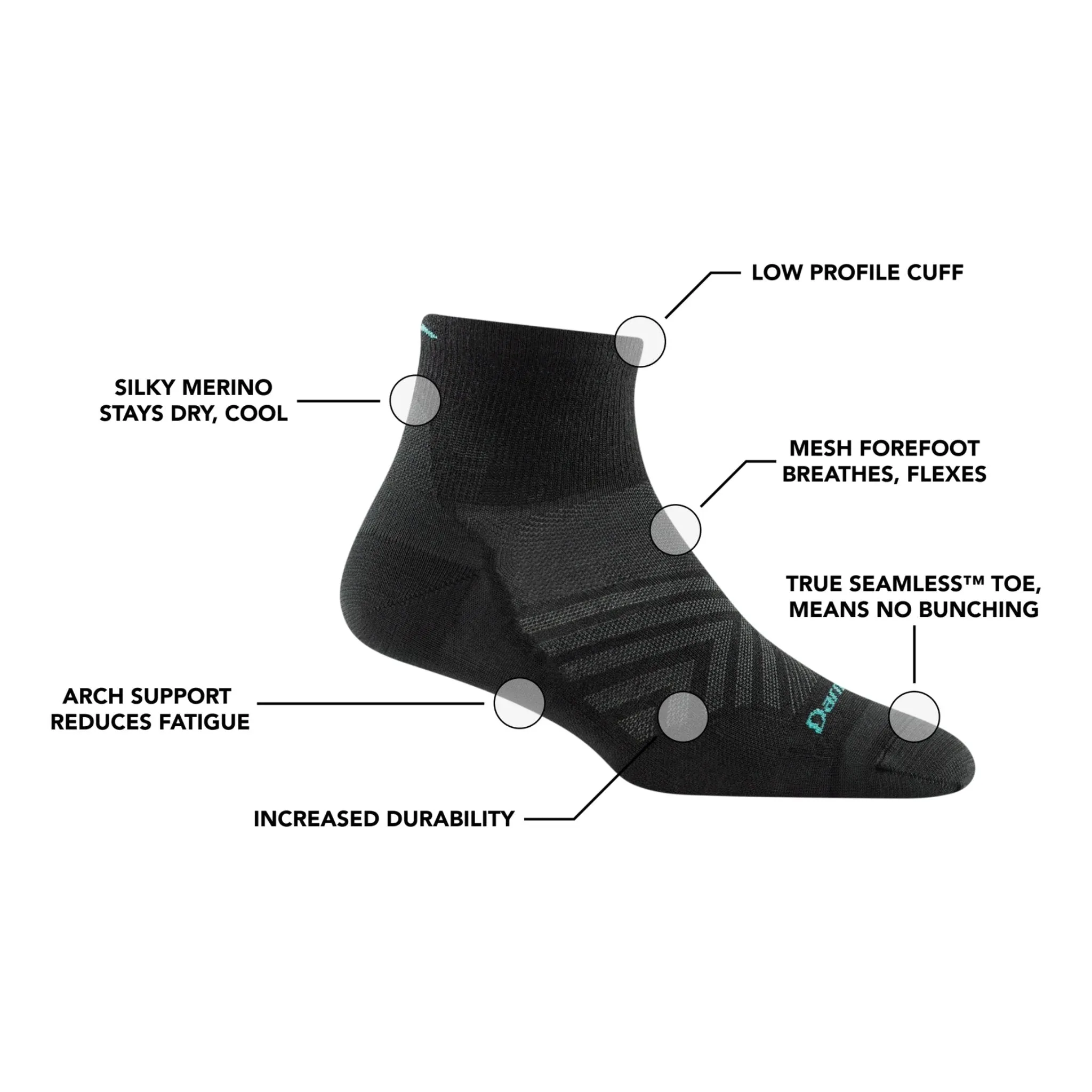 Darn Tough Vermont Women's Run Quarter No Cushion Ultra Lightweight Running Sock - Black