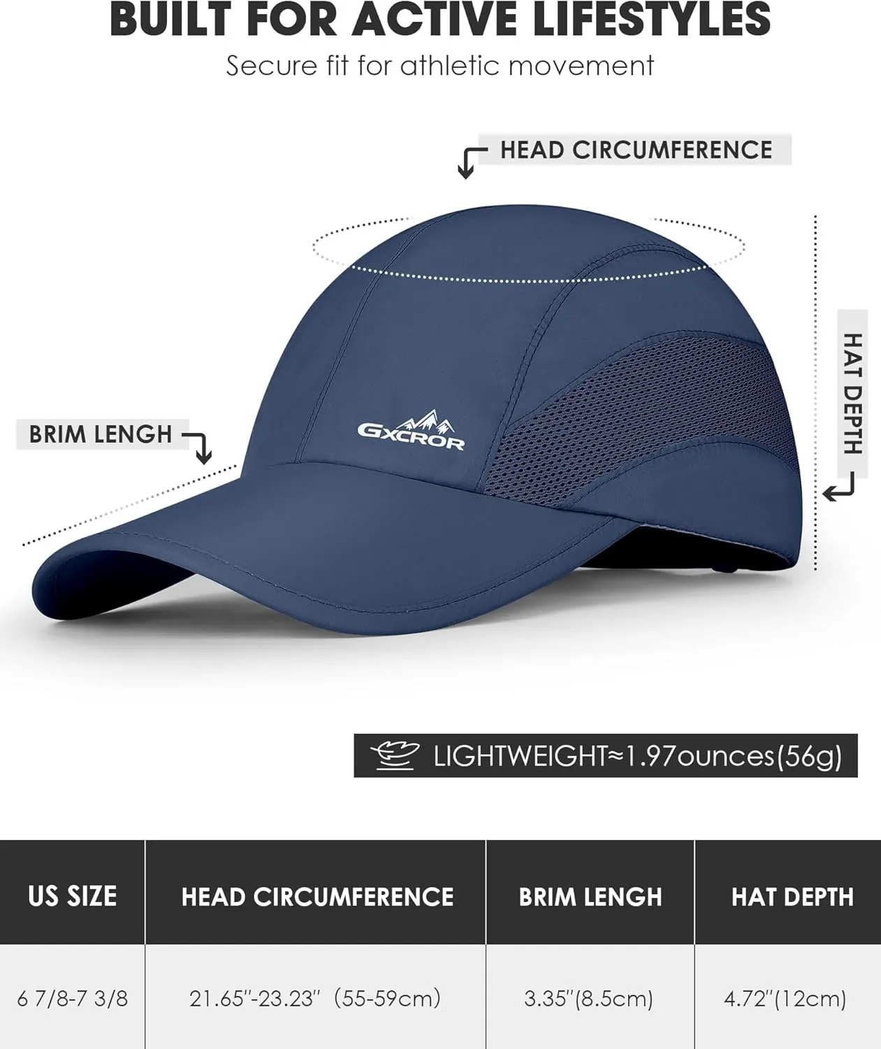 GXCROR Running Hat for Men Women Quick-Dry Baseball Cap UPF50  with Breathable Mesh, Adjustable Hook & Loop for Outdoor