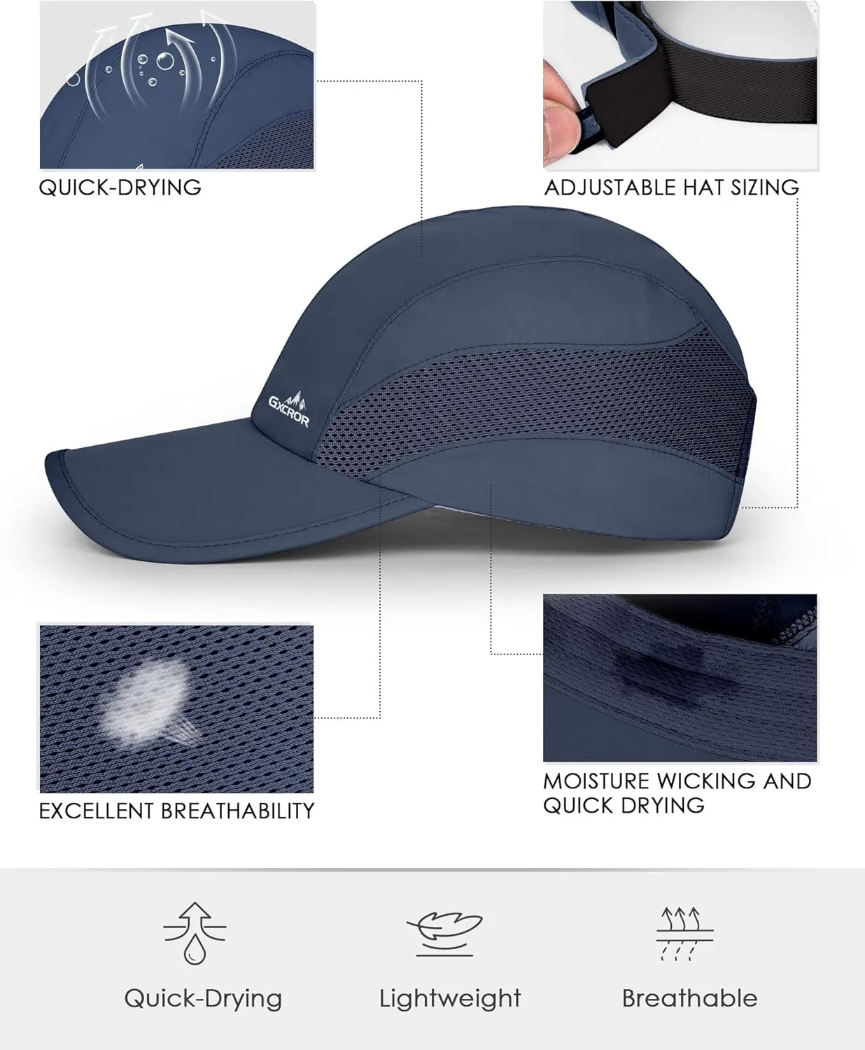 GXCROR Running Hat for Men Women Quick-Dry Baseball Cap UPF50  with Breathable Mesh, Adjustable Hook & Loop for Outdoor