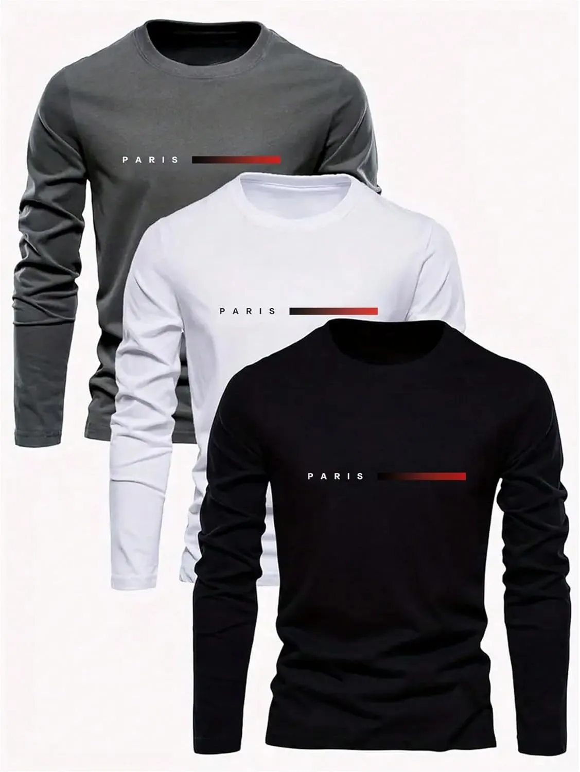 Men's 3 Pack Long Sleeve Shirts Letter Graphic Round Neck Casual T Shirt Top