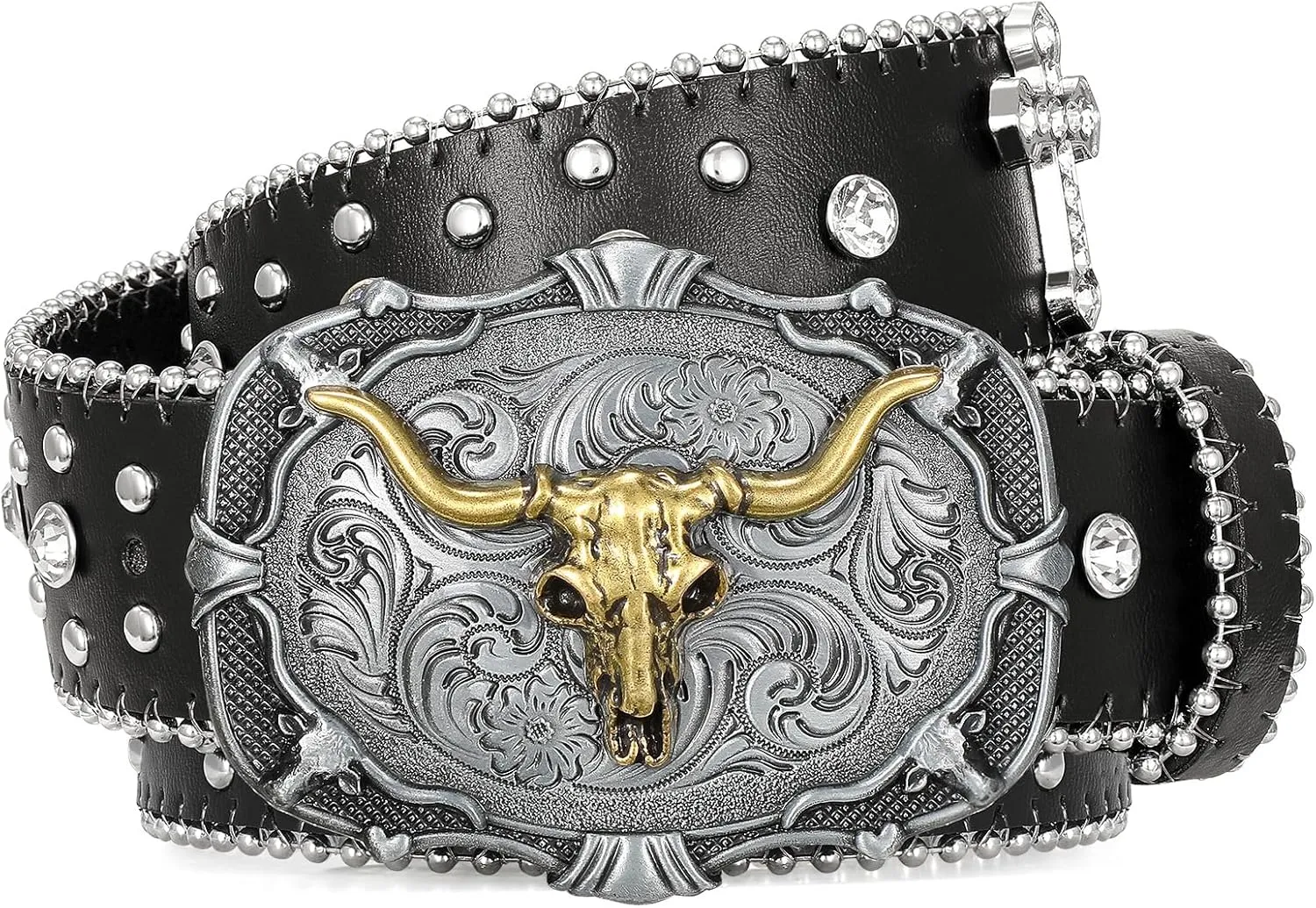 Punk & Cowboy Belts for Men & Women, PU Leather Western Punk Rock Belt with Western Bull Buckle
