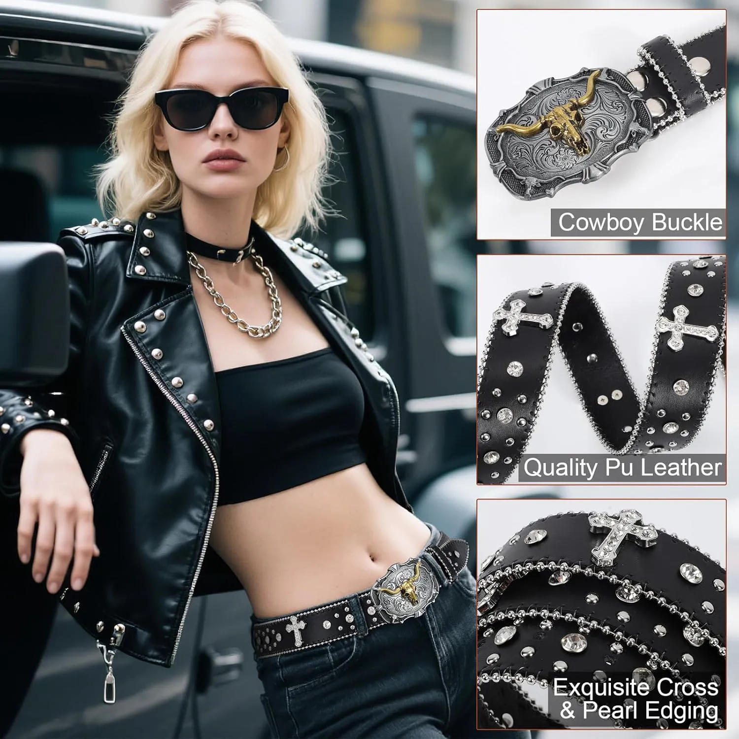 Punk & Cowboy Belts for Men & Women, PU Leather Western Punk Rock Belt with Western Bull Buckle