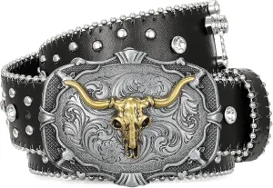 Punk & Cowboy Belts for Men & Women, PU Leather Western Punk Rock Belt with Western Bull Buckle