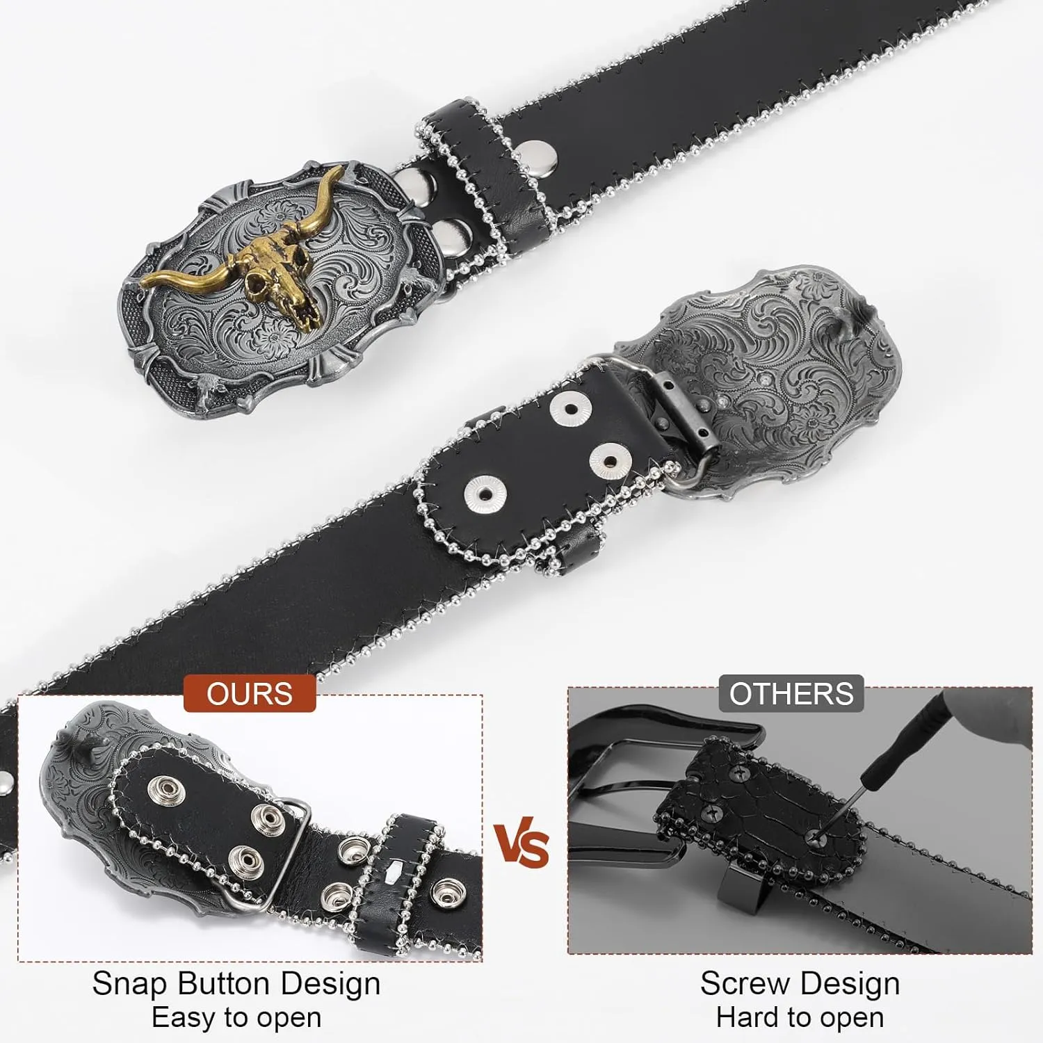 Punk & Cowboy Belts for Men & Women, PU Leather Western Punk Rock Belt with Western Bull Buckle